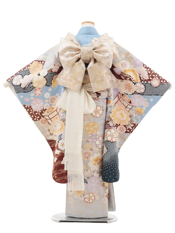 七五三(7歳結び帯)Y594 ペールブルー地 貝桶 牡丹