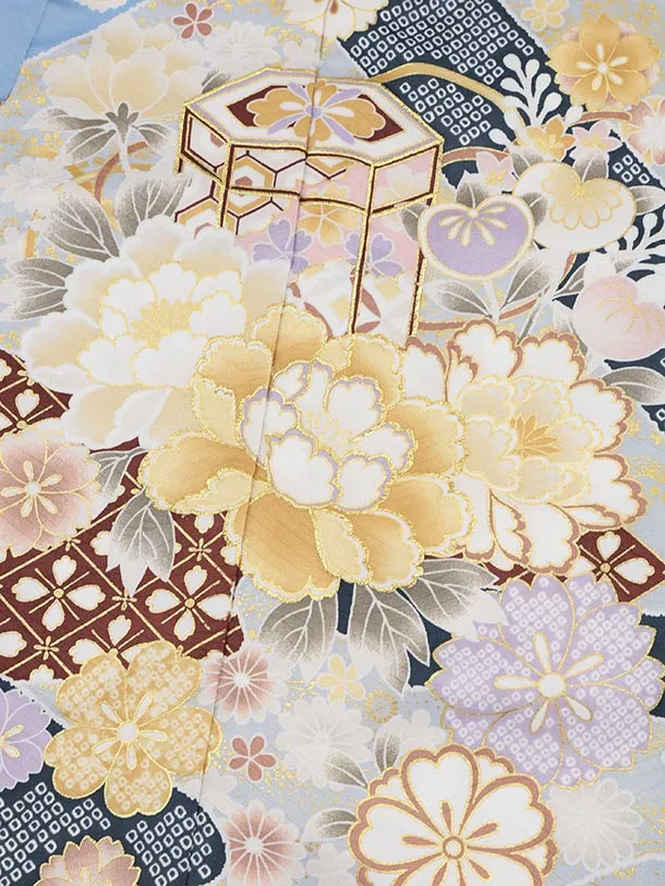 七五三(7歳結び帯)Y594 ペールブルー地 貝桶 牡丹