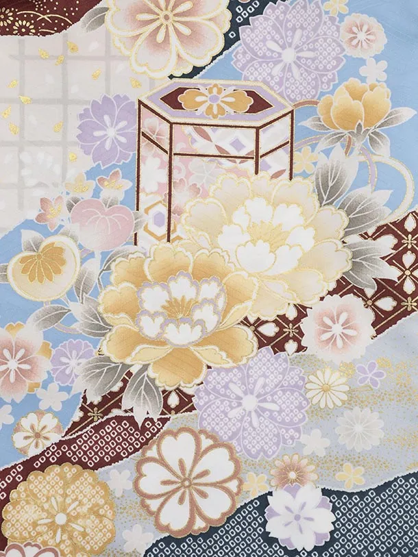 七五三(7歳結び帯)Y594 ペールブルー地 貝桶 牡丹