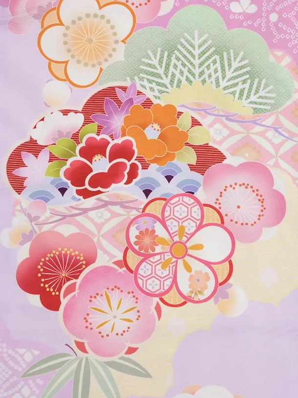 七五三(7歳結び帯)Y595 ラベンダー 松竹梅 薬玉