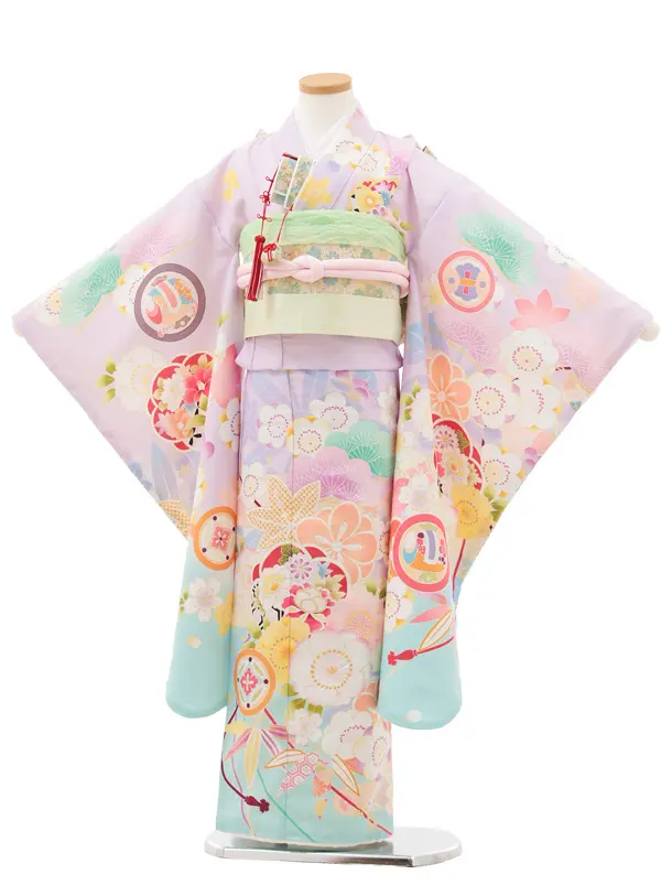 七五三(7歳結び帯)Y598 薄パープル 裾水色 丸紋 桜