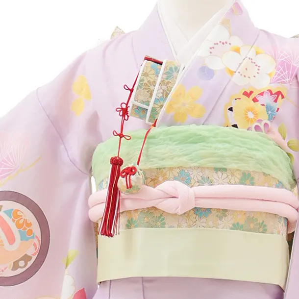 七五三(7歳結び帯)Y598 薄パープル 裾水色 丸紋 桜