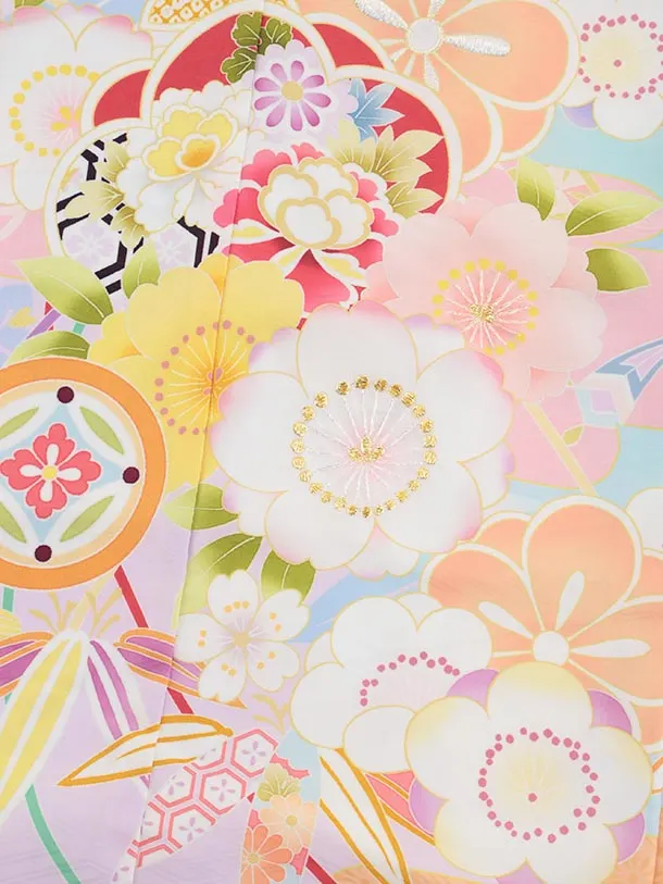 七五三(7歳結び帯)Y599 薄ミント 裾パープル 丸紋 桜