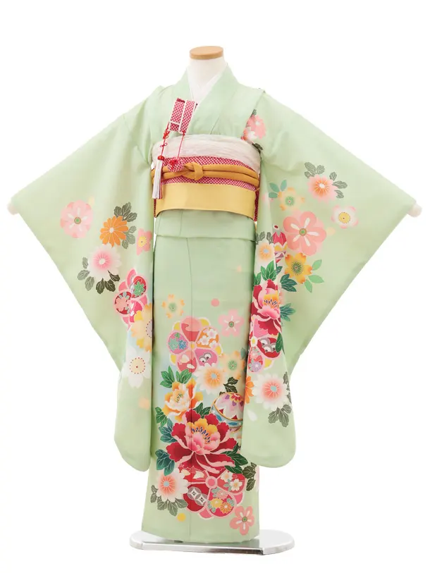 七五三(7歳結び帯)Y604 ペールグリーン 鞠に牡丹