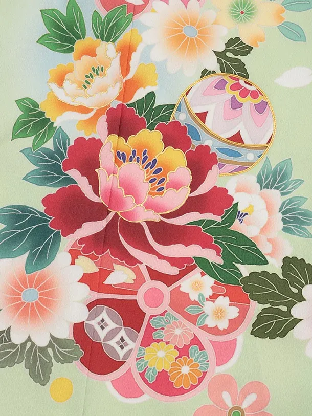 七五三(7歳結び帯)Y604 ペールグリーン 鞠に牡丹