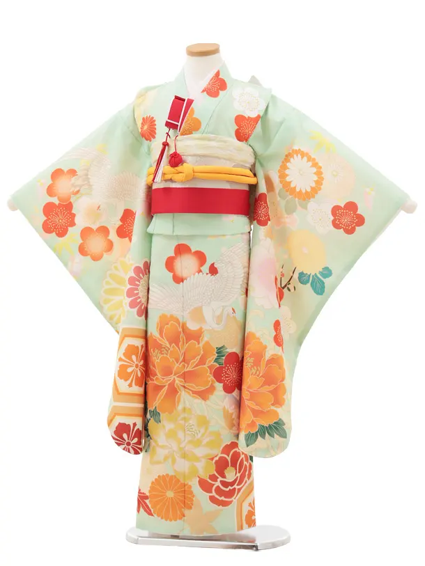 七五三(7歳結び帯)Y606 ペールグリーン 鶴に牡丹