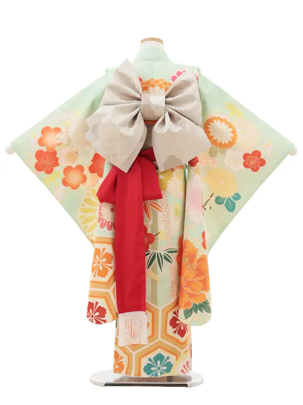 七五三(7歳結び帯)Y606 ペールグリーン 鶴に牡丹