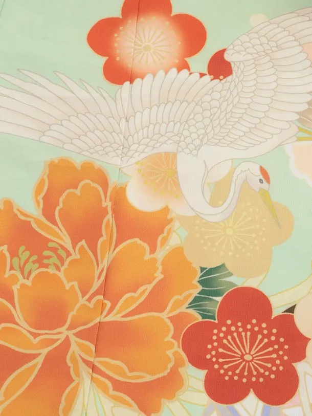 七五三(7歳結び帯)Y606 ペールグリーン 鶴に牡丹