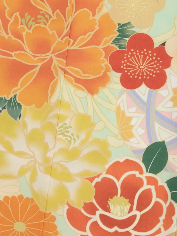 七五三(7歳結び帯)Y606 ペールグリーン 鶴に牡丹