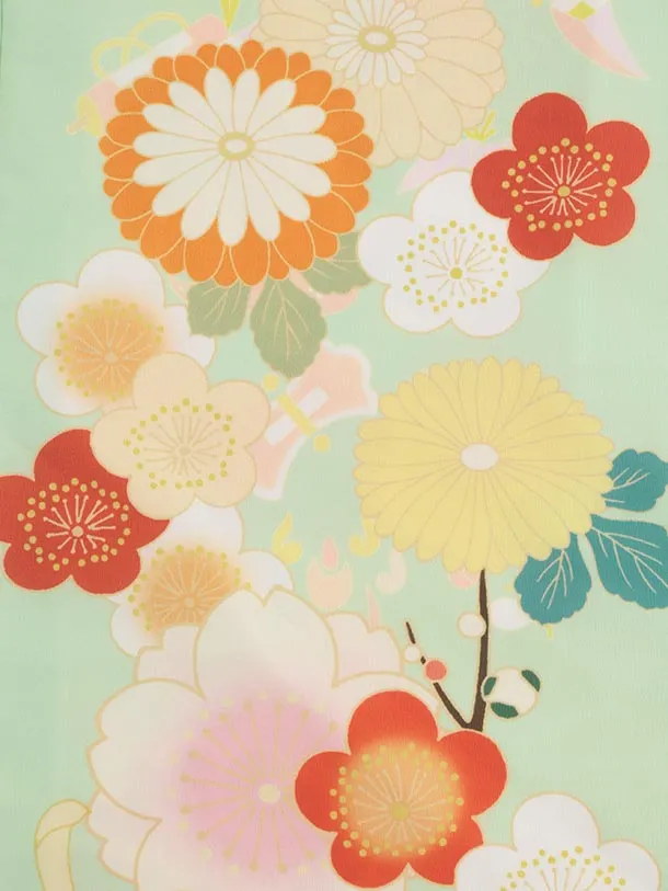 七五三(7歳結び帯)Y606 ペールグリーン 鶴に牡丹