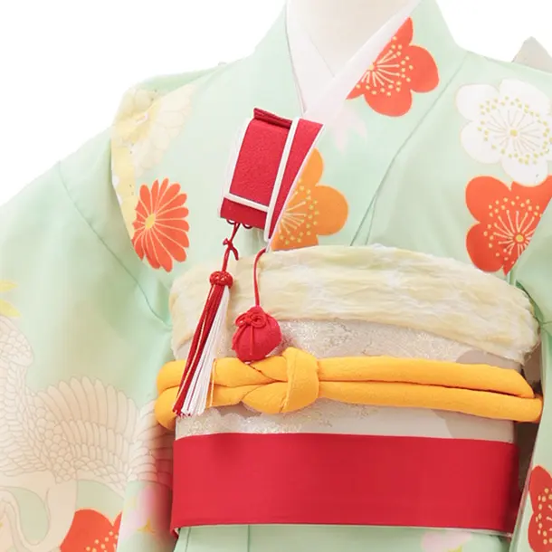 七五三(7歳結び帯)Y606 ペールグリーン 鶴に牡丹