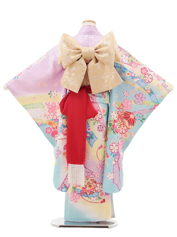 七五三(7歳結び帯)Y617 ラベンダー 裾水色 鞠に花