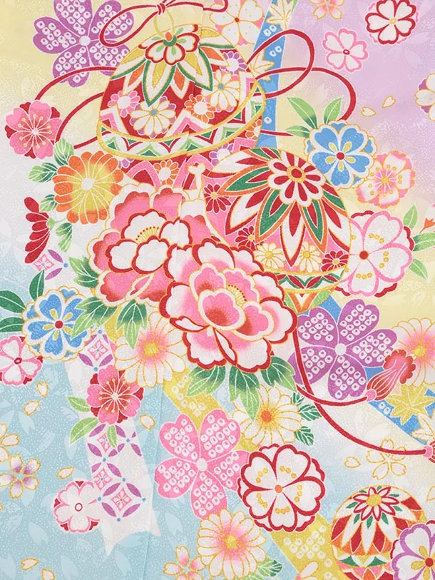 七五三(7歳結び帯)Y617 ラベンダー 裾水色 鞠に花