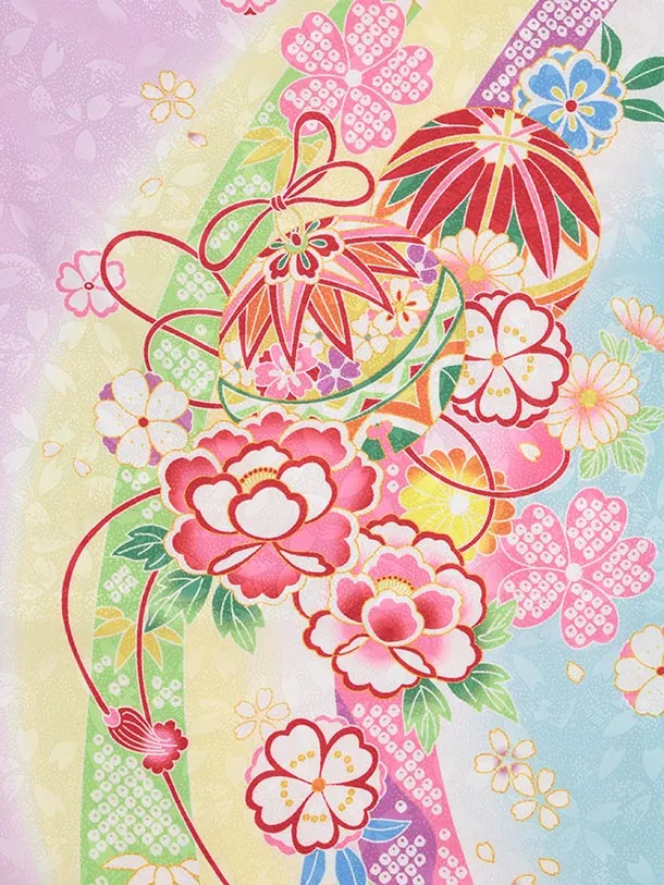 七五三(7歳結び帯)Y617 ラベンダー 裾水色 鞠に花