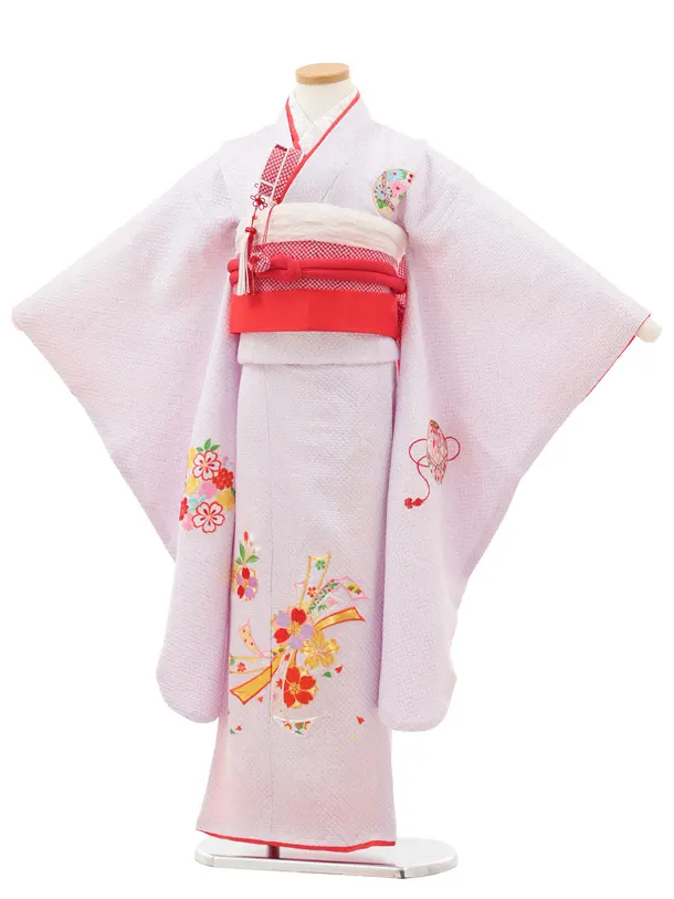 七五三(7歳結び帯)Y618【正絹】薄紫 絞り刺繍 束ね熨斗に桜