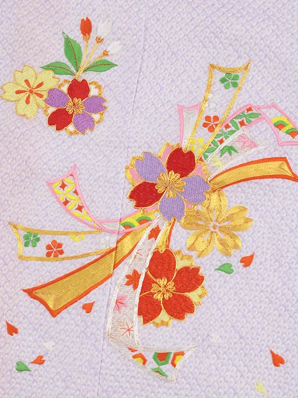 七五三(7歳結び帯)Y618【正絹】薄紫 絞り刺繍 束ね熨斗に桜