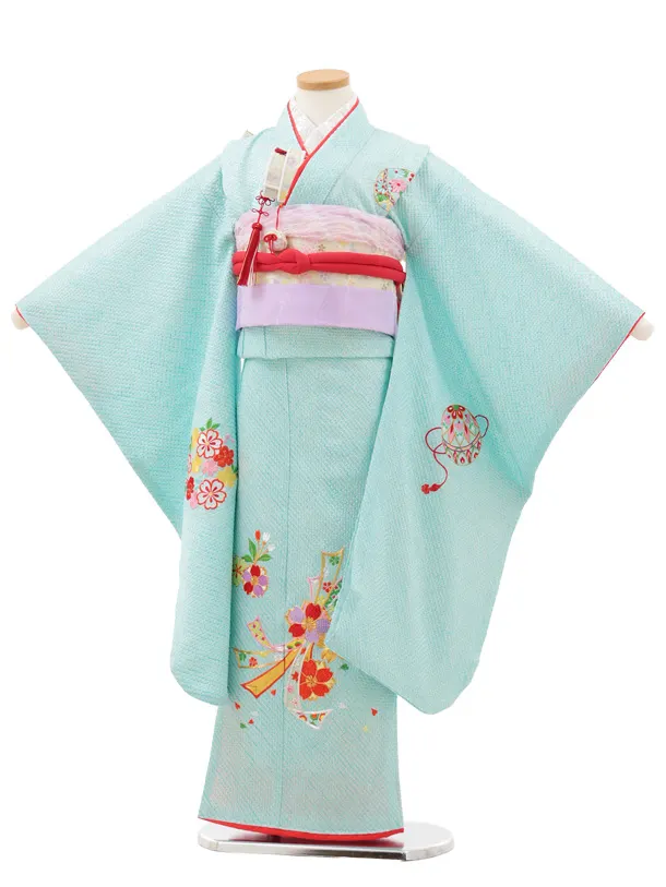 七五三(7歳結び帯)Y619【正絹】水色 絞り刺繍 束ね熨斗に桜