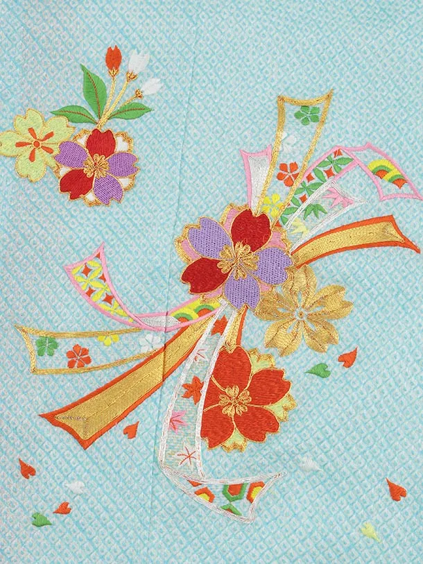 七五三(7歳結び帯)Y619【正絹】水色 絞り刺繍 束ね熨斗に桜