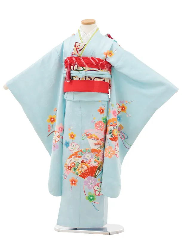 七五三(7歳結び帯)Y620【正絹】水色 檜扇に梅