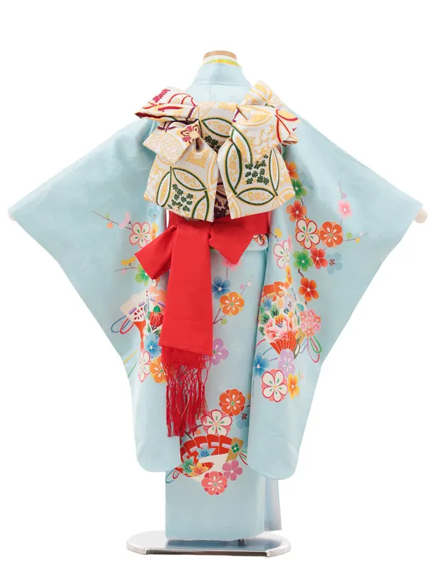 七五三(7歳結び帯)Y620【正絹】水色 檜扇に梅