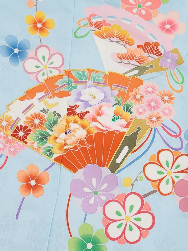 七五三(7歳結び帯)Y620【正絹】水色 檜扇に梅