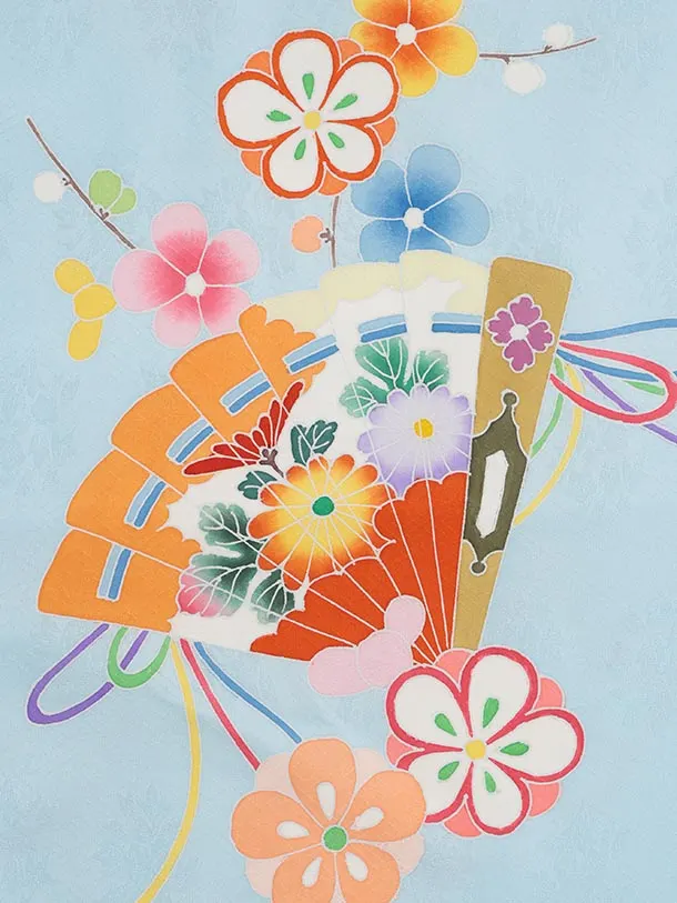 七五三(7歳結び帯)Y620【正絹】水色 檜扇に梅