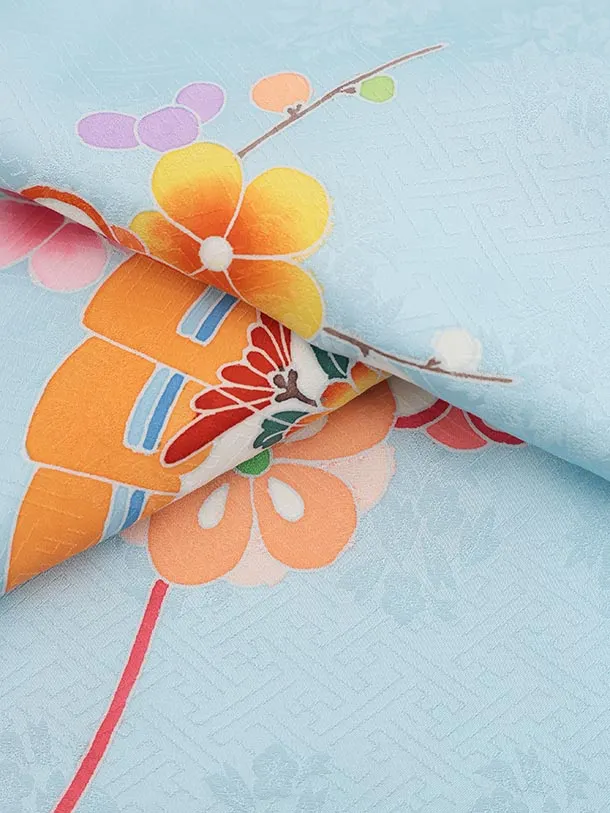 七五三(7歳結び帯)Y620【正絹】水色 檜扇に梅