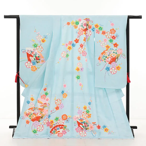 七五三(7歳結び帯)Y620【正絹】水色 檜扇に梅