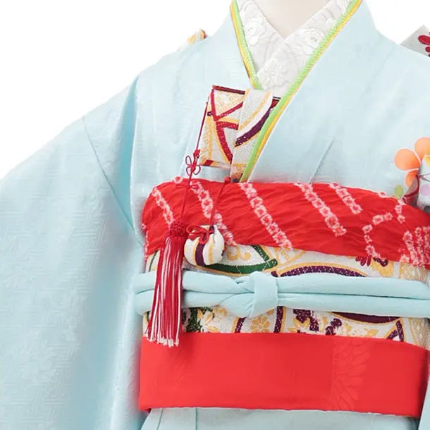 七五三(7歳結び帯)Y620【正絹】水色 檜扇に梅