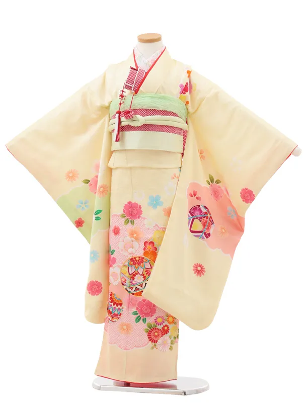 七五三(7歳結び帯)Y622【正絹】薄黄色 鞠に梅桜