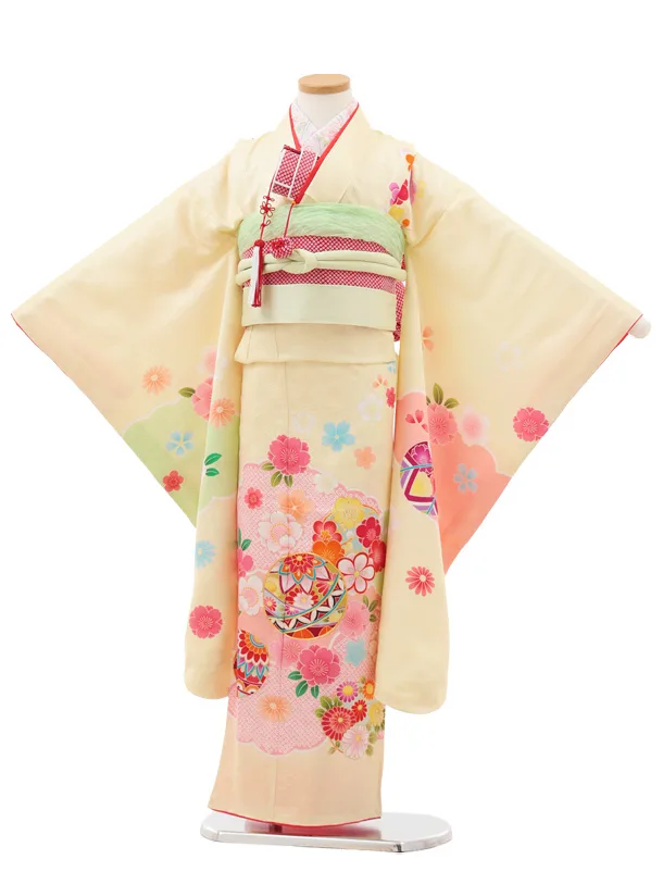 七五三(7歳結び帯)Y622【正絹】薄黄色 鞠に梅桜