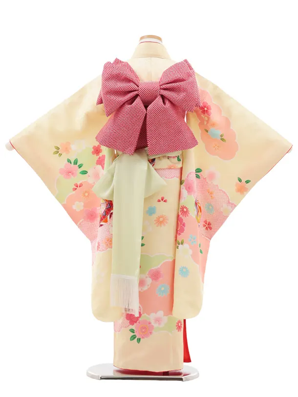 七五三(7歳結び帯)Y622【正絹】薄黄色 鞠に梅桜