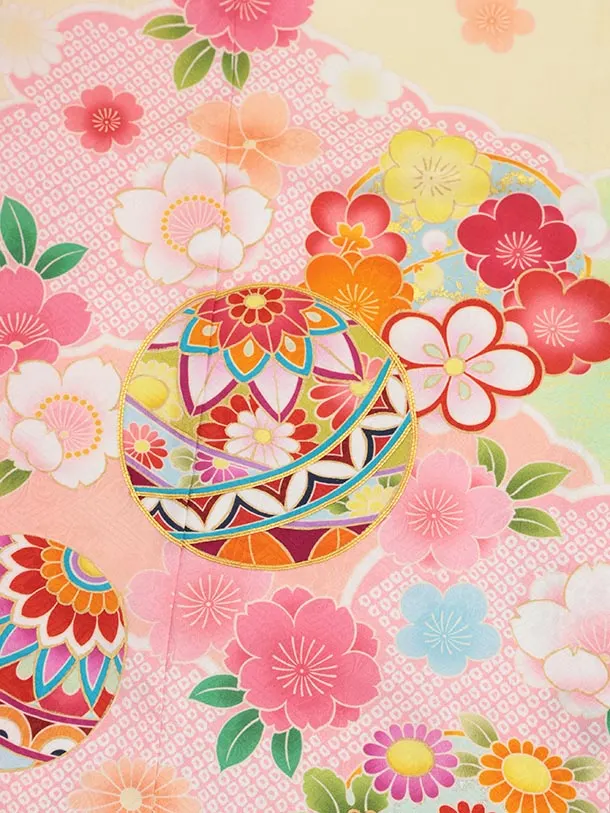 七五三(7歳結び帯)Y622【正絹】薄黄色 鞠に梅桜