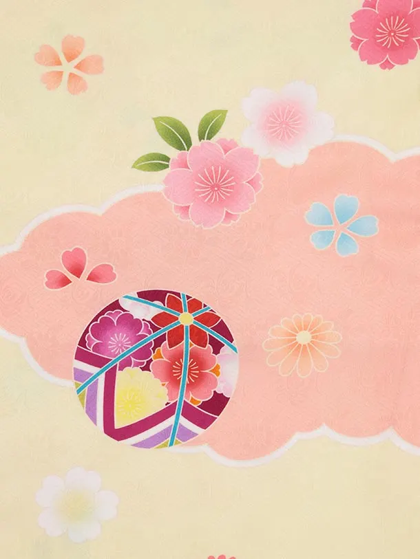 七五三(7歳結び帯)Y622【正絹】薄黄色 鞠に梅桜