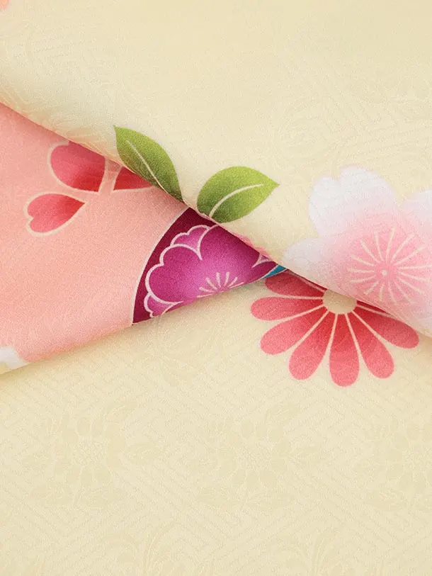 七五三(7歳結び帯)Y622【正絹】薄黄色 鞠に梅桜