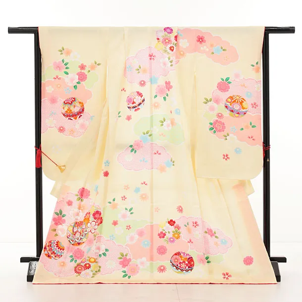 七五三(7歳結び帯)Y622【正絹】薄黄色 鞠に梅桜