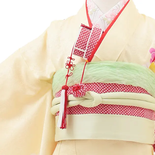 七五三(7歳結び帯)Y622【正絹】薄黄色 鞠に梅桜