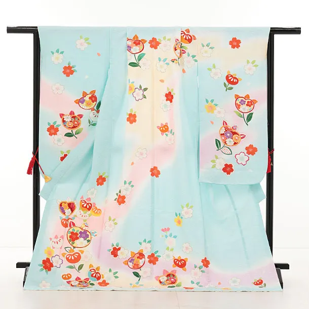 七五三(7歳結び帯)Y624【正絹】水色 橘