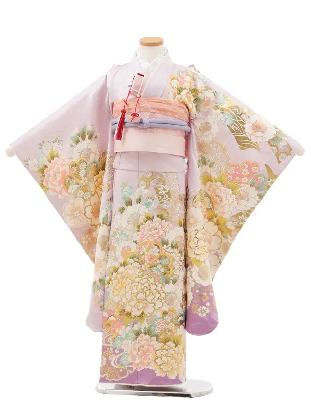 七五三(7歳結び帯)Y626【正絹】ラベンダー 金彩 牡丹