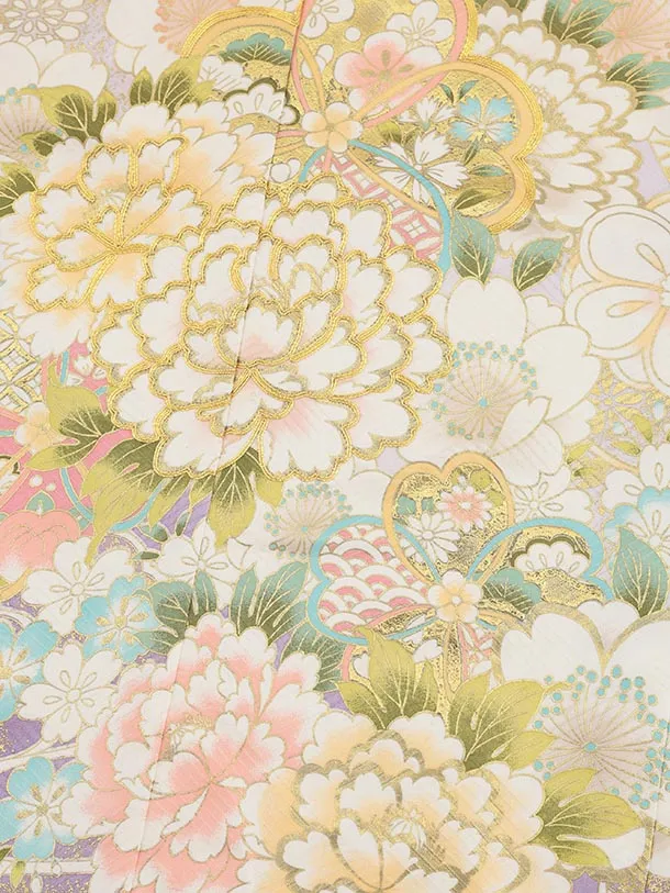 七五三(7歳結び帯)Y626【正絹】ラベンダー 金彩 牡丹