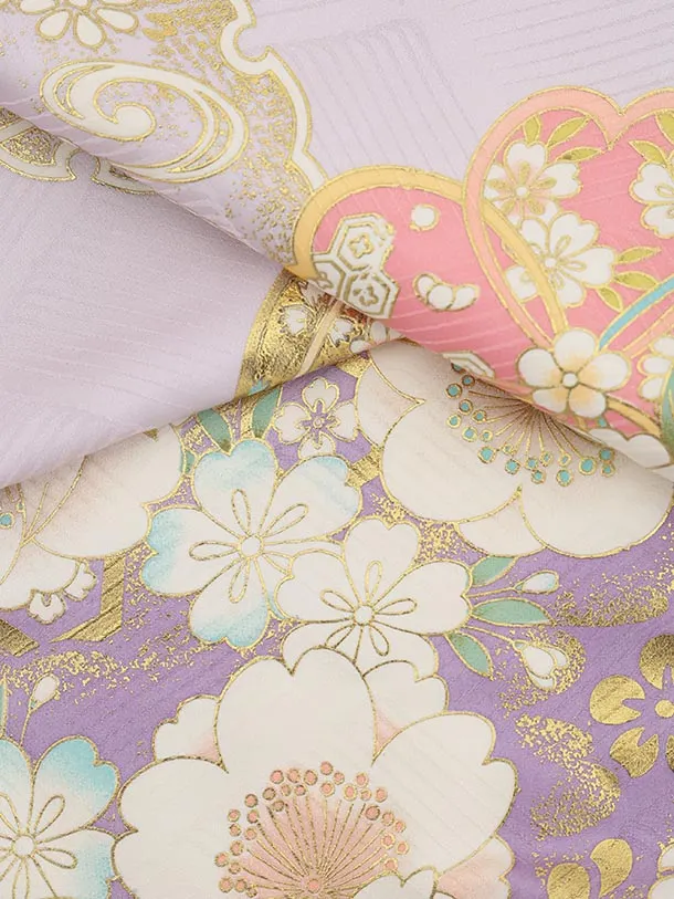 七五三(7歳結び帯)Y626【正絹】ラベンダー 金彩 牡丹