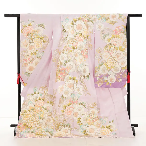 七五三(7歳結び帯)Y626【正絹】ラベンダー 金彩 牡丹