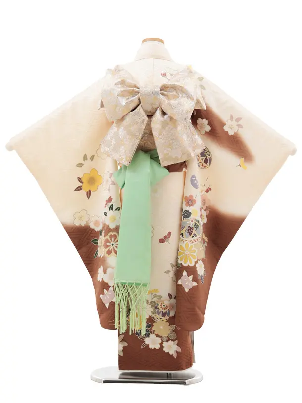 七五三(7歳結び帯)Y627【正絹】クリーム地 裾ブラウン 鞠に梅桜
