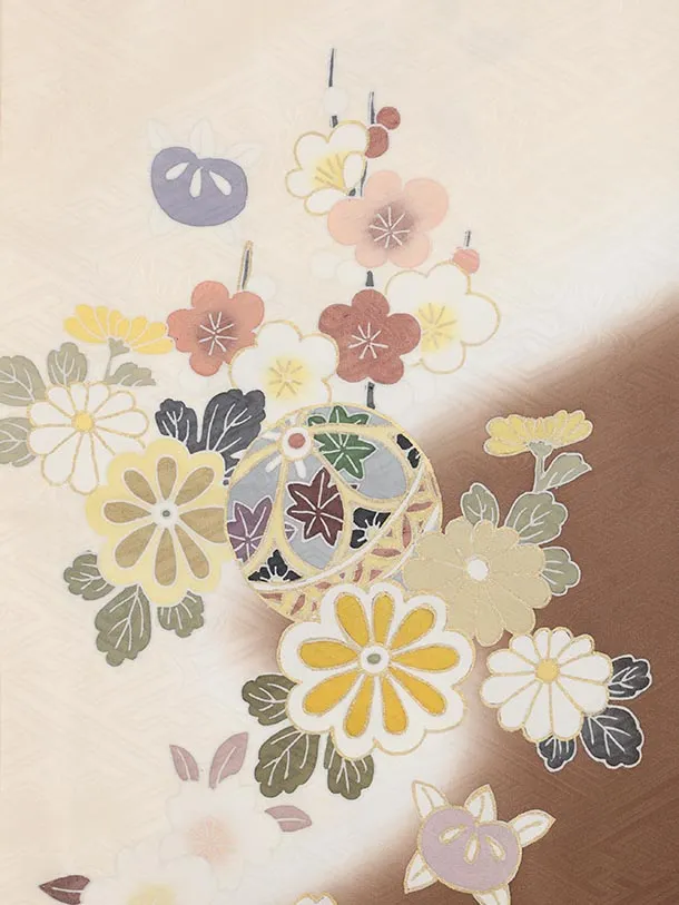 七五三(7歳結び帯)Y627【正絹】クリーム地 裾ブラウン 鞠に梅桜