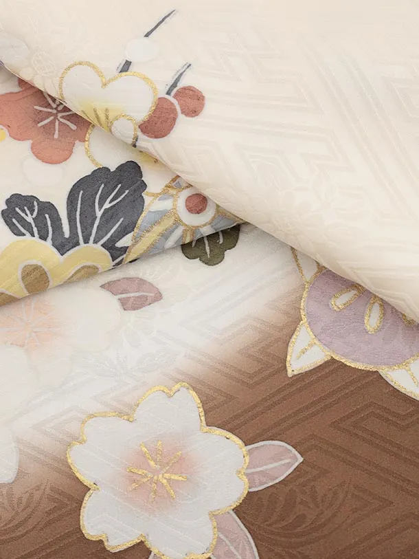 七五三(7歳結び帯)Y627【正絹】クリーム地 裾ブラウン 鞠に梅桜