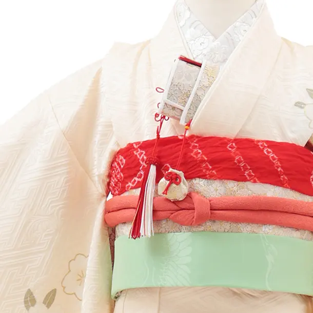 七五三(7歳結び帯)Y627【正絹】クリーム地 裾ブラウン 鞠に梅桜