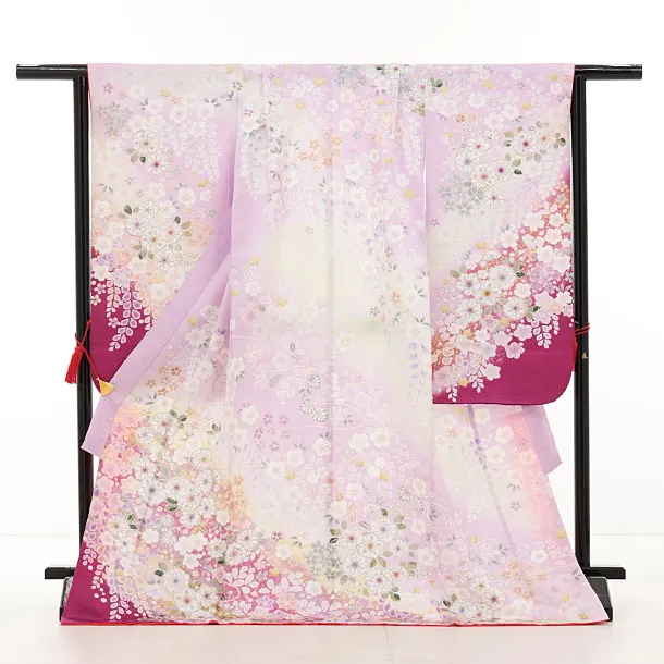 七五三(7歳結び帯)Y628【正絹】パープル地 辻が花調