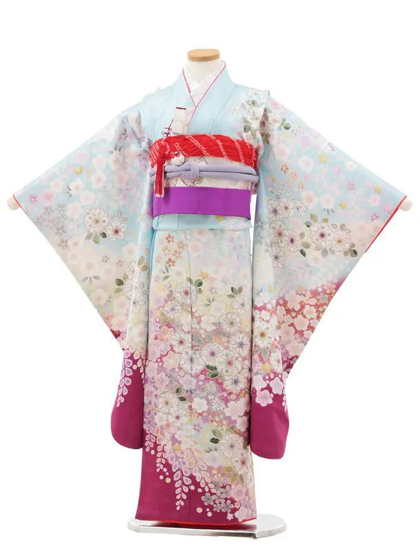 七五三(7歳結び帯)Y629【正絹】水色 裾パープル 辻が花調