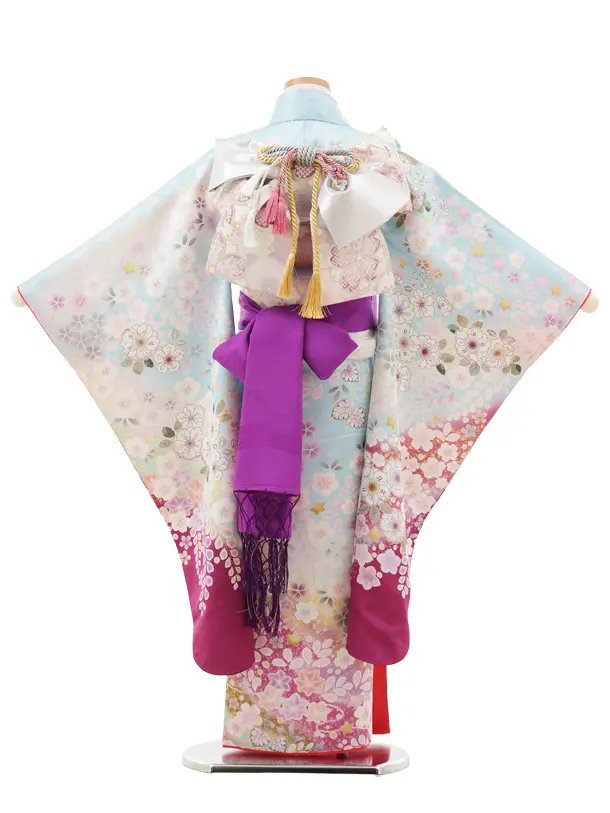 七五三(7歳結び帯)Y629【正絹】水色 裾パープル 辻が花調