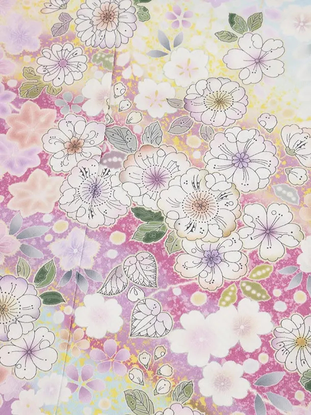 七五三(7歳結び帯)Y629【正絹】水色 裾パープル 辻が花調